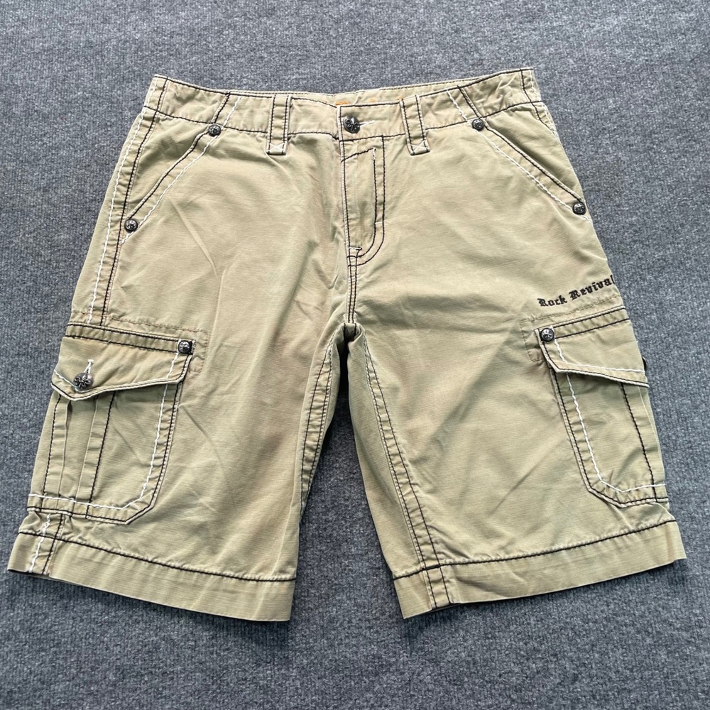 Rock Revival Cargo Shorts Men's 34 Khaki Classic Embroidered
